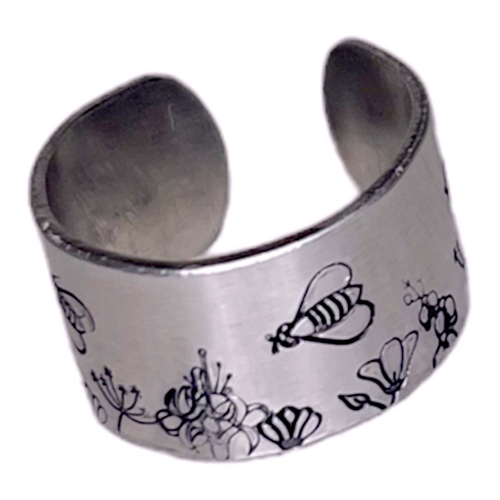 Handmade 9 stamped bee & floral pattern silver hypoallergenic wide cuff ring